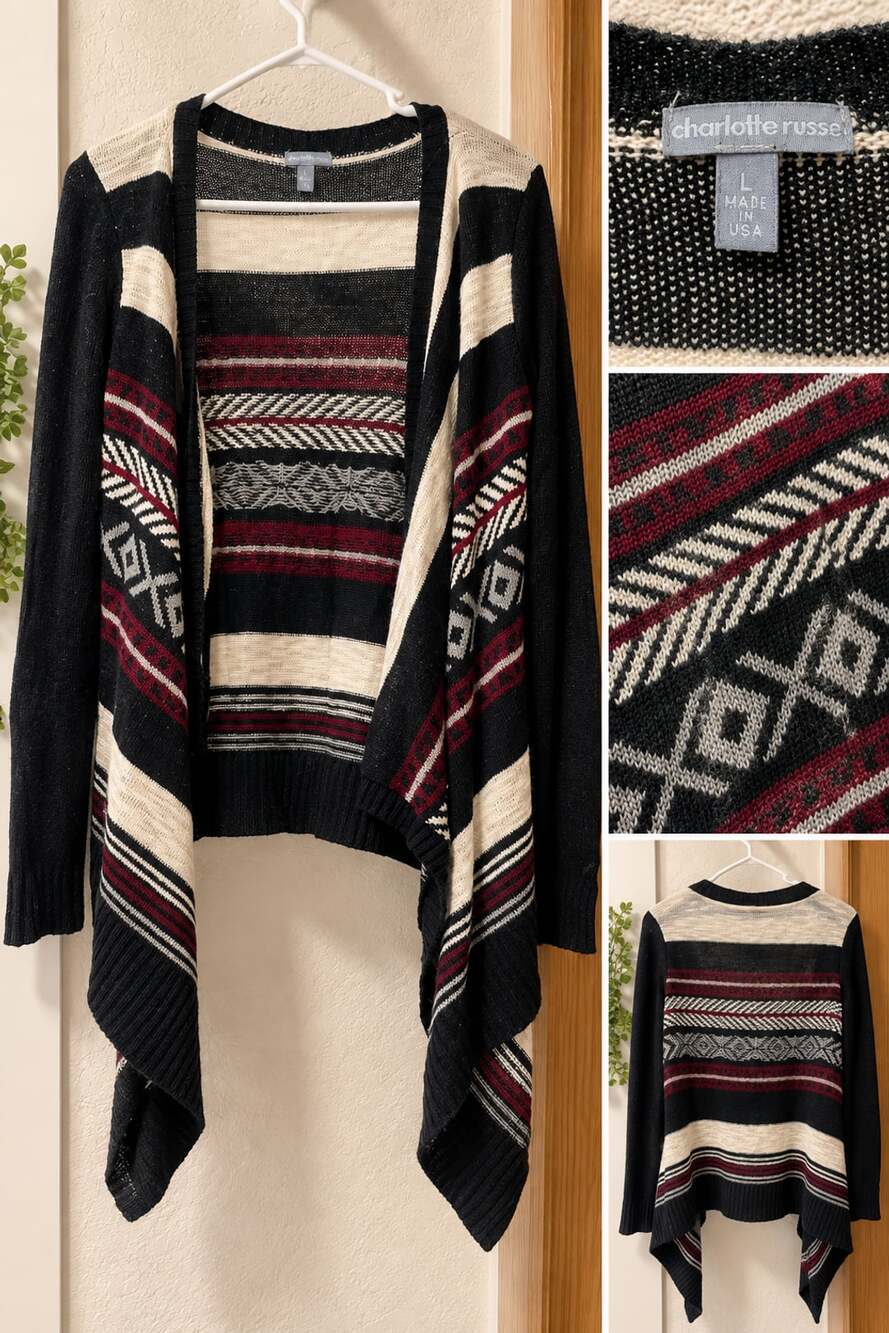 Charlotte Russe Aztec Open Cardigan Size L Black Red White